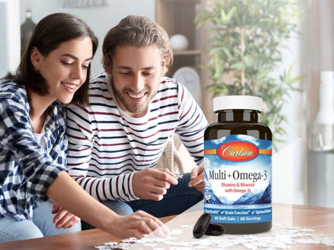 Carlson Labs Multi + Omega-3 Daily Multivitamin & Fish Oil Blend 120 Softgels front bottle packaging showing product name and branding