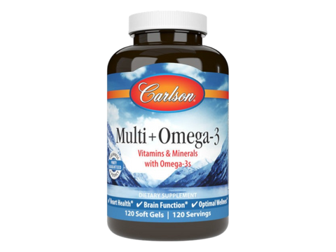Carlson Labs Multi + Omega-3 Daily Multivitamin & Fish Oil Blend 120 Softgels front bottle packaging showing product name and branding