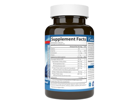 Carlson Labs Omega-3 Salmon Oil Complete 700 mg 180 Softgels side bottle packaging with key benefits detail