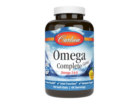 Carlson Labs Omega Complete Gems Omega 3-6-9 Soft Gels front bottle packaging showing product name and branding