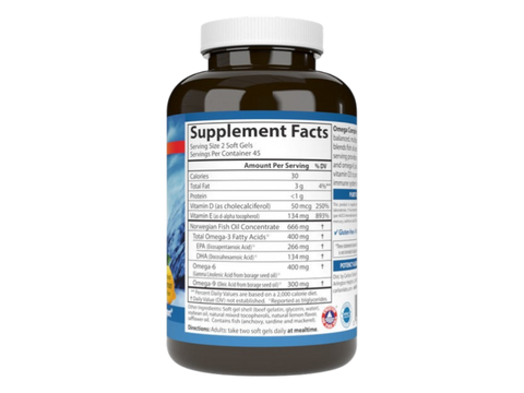 Carlson Labs Omega Complete Gems Omega 3-6-9 Soft Gels side bottle packaging with key benefits detail
