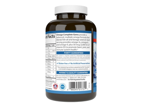 Carlson Labs Omega Complete Gems Omega 3-6-9 Soft Gels product barcode on bottle packaging