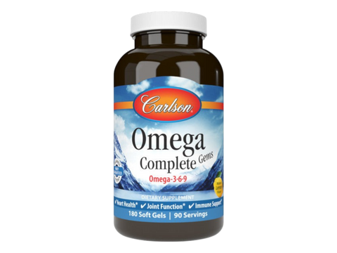 Carlson Labs Omega Complete Gems Omega 3-6-9 Soft Gels front bottle packaging showing product name and branding