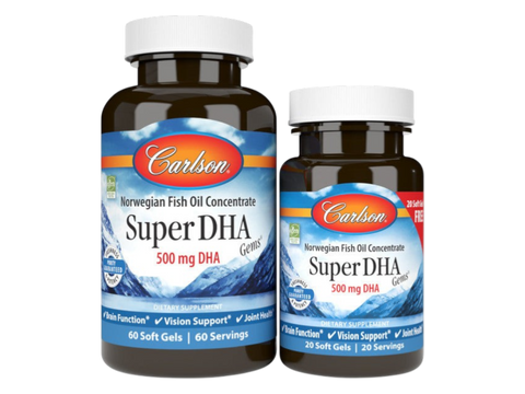 Carlson Labs Super DHA Gems 500 mg DHA 80 Softgels front bottle packaging showing product name and branding