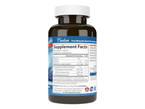 Carlson Labs Super DHA Gems 500 mg DHA 80 Softgels side bottle packaging with key benefits detail