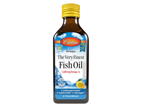 Carlson Labs The Very Finest Fish Oil 1,600 mg Omega-3s Lemon or Orange Flavour front bottle packaging showing product name and branding