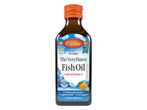Carlson Labs The Very Finest Fish Oil 1,600 mg Omega-3s Lemon or Orange Flavour front bottle packaging showing product name and branding