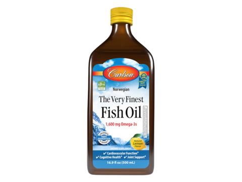 Carlson Labs The Very Finest Fish Oil 1,600 mg Omega-3s Lemon or Orange Flavour front bottle packaging showing product name and branding
