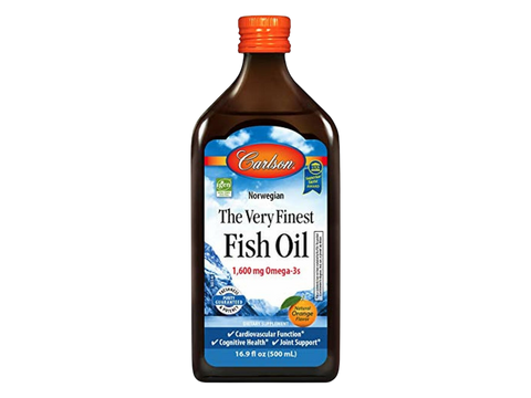 Carlson Labs The Very Finest Fish Oil 1,600 mg Omega-3s Lemon or Orange Flavour front bottle packaging showing product name and branding