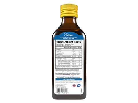 Carlson Labs The Very Finest Fish Oil 1,600 mg Omega-3s Lemon or Orange Flavour side bottle packaging with key benefits detail