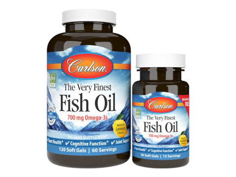 Carlson Labs The Very Finest Fish Oil 700 mg Omega-3s Lemon or Orange Flavour 150 Softgels front bottle packaging showing product name and branding