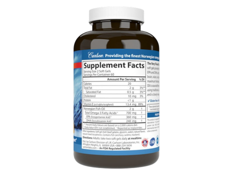 Carlson Labs The Very Finest Fish Oil 700 mg Omega-3s Lemon or Orange Flavour 150 Softgels supplement facts panel
