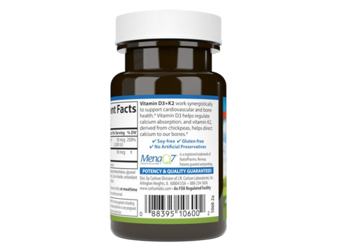 Carlson Labs Vitamin D3 + K2 2000 IU & 90 mcg 60 Vegetarian Capsules product barcode on bottle packaging