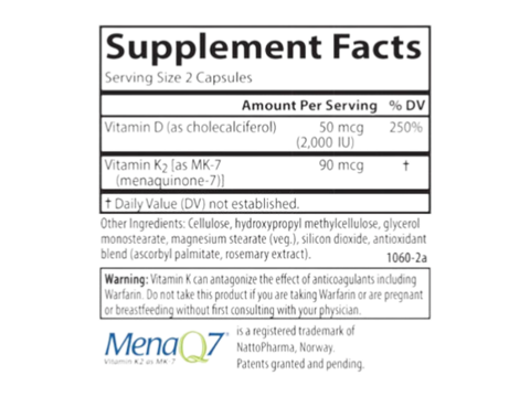 Carlson Labs Vitamin D3 + K2 2000 IU & 90 mcg 60 Vegetarian Capsules supplement facts panel