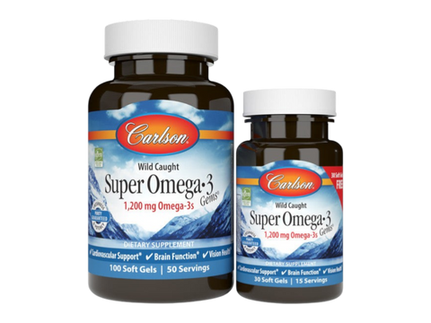 Carlson Labs Wild Caught Super Omega-3 Gems 1,200 mg EPA/DHA 130 Softgels front bottle packaging showing product name and branding