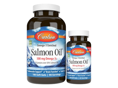 Carlson Omega-3 Enriched Salmon Oil 500 mg Omega-3s 230 Softgels front bottle packaging showing product name and branding