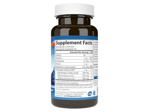 Carlson Omega-3 Enriched Salmon Oil 500 mg Omega-3s 230 Softgels side bottle packaging with key benefits detail