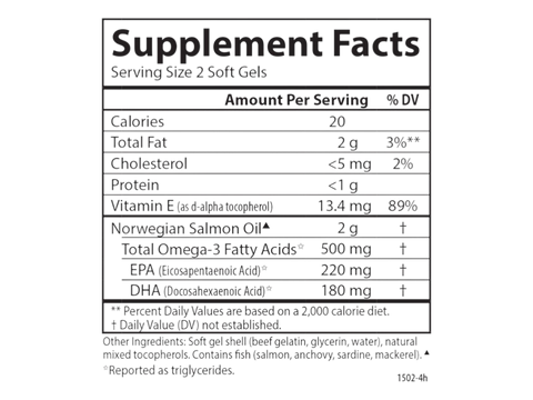 Carlson Omega-3 Enriched Salmon Oil 500 mg Omega-3s 230 Softgels supplement facts panel