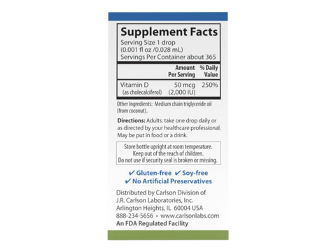 Carlson Super Daily D3 2,000 IU (50 mcg) Vitamin D3 365 Drops 10.3 ml side bottle packaging with key benefits detail