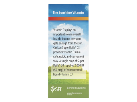 Carlson Super Daily D3 2,000 IU (50 mcg) Vitamin D3 365 Drops 10.3 ml angled bottle close up showing label text