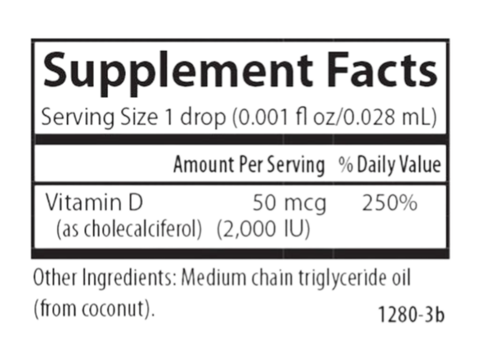 Carlson Super Daily D3 2,000 IU (50 mcg) Vitamin D3 365 Drops 10.3 ml supplement facts panel