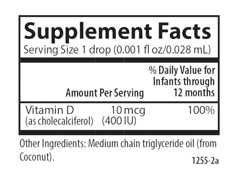 Carlson Super Daily D3 400 IU (10 mcg) Vitamin D3 365 Drops 10.3 ml supplement facts panel