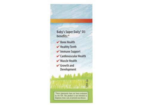 Carlson Super Daily D3 400 IU (10 mcg) Vitamin D3 365 Drops 10.3 ml side bottle packaging with key benefits detail