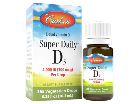 Carlson Super Daily D3 4,000 IU (100 mcg) Vitamin D3 365 Vegetarian Drops 10.3 ml front bottle packaging showing product name and branding