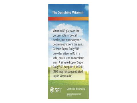 Carlson Super Daily D3 4,000 IU (100 mcg) Vitamin D3 365 Vegetarian Drops 10.3 ml angled bottle close up showing label text