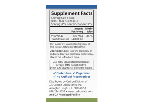 Carlson Super Daily D3 4,000 IU (100 mcg) Vitamin D3 365 Vegetarian Drops 10.3 ml side bottle packaging with key benefits detail