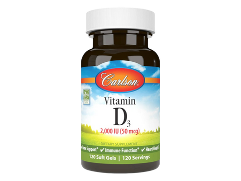 Carlson Vitamin D3 2,000 IU (50 mcg) Bone & Immune Support 120 Softgels front bottle packaging showing product name and branding