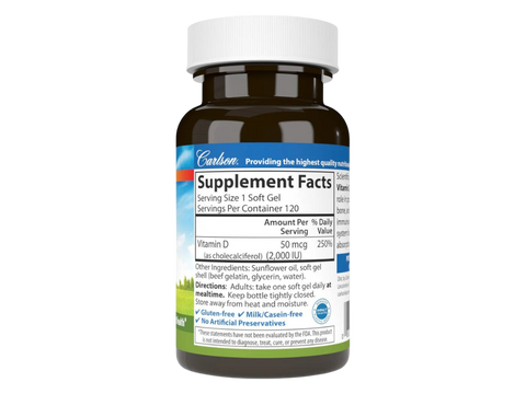 Carlson Vitamin D3 2,000 IU (50 mcg) Bone & Immune Support 120 Softgels side bottle packaging with key benefits detail