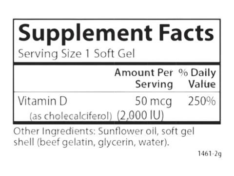 Carlson Vitamin D3 2,000 IU (50 mcg) Bone & Immune Support 120 Softgels supplement facts panel