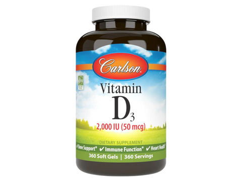 Carlson Vitamin D3 2,000 IU (50 mcg) Bone & Immune Support 360 Softgels front bottle packaging showing product name and branding