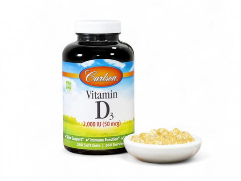 Carlson Vitamin D3 2,000 IU (50 mcg) Bone & Immune Support 360 Softgels close up of softgels next to bottle