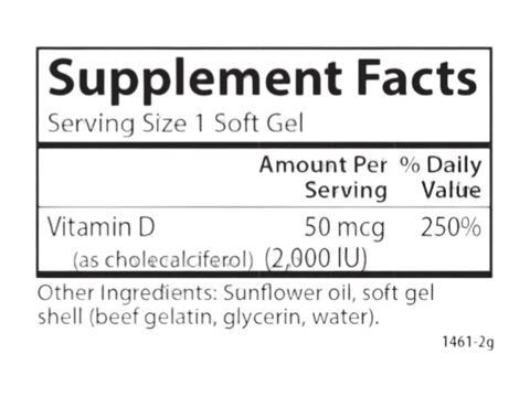 Carlson Vitamin D3 2,000 IU (50 mcg) Bone & Immune Support 360 Softgels supplement facts panel