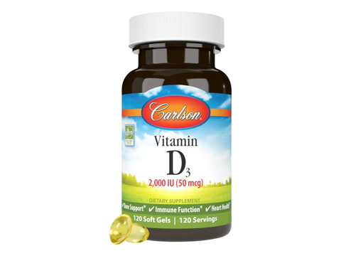 Carlson Vitamin D3 2,000 IU (50 mcg) Bone & Immune Support 360 Softgels close up of softgels next to bottle