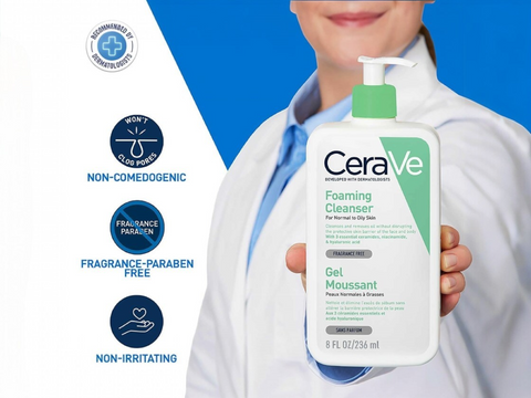 CeraVe foaming cleanser held by a person with product features highlighted on a blue background