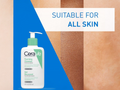 CeraVe foaming cleanser bottle with skin texture background and 'Suitable for all skin' text.