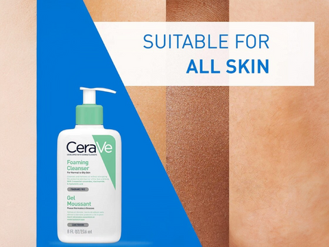 CeraVe foaming cleanser bottle with skin texture background and 'Suitable for all skin' text.