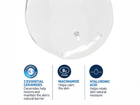 Product packaging with essential ceramides, niacinamide, and hyaluronic acid benefits on a white background.