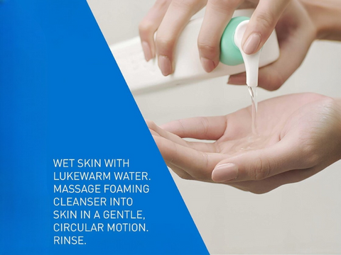 Hand applying foaming cleanser with text instructions on a blue and white background