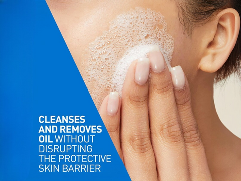 Person applying a skincare product to their face with a blue background and text about skincare benefits.