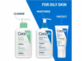 CeraVe skincare products for oily skin with labels for cleanse, moisturize, and protect on a blue and white background.