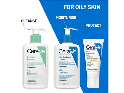 CeraVe skincare products for oily skin with labels for cleanse, moisturize, and protect on a blue and white background.