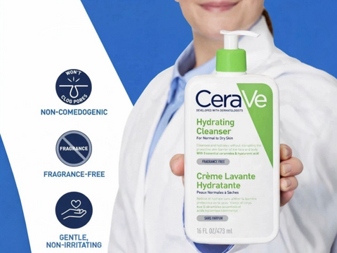 CeraVe hydrating cleanser bottle held by a person with product features displayed on a blue and white background.