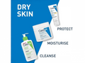Cerave skincare products with text on a blue background