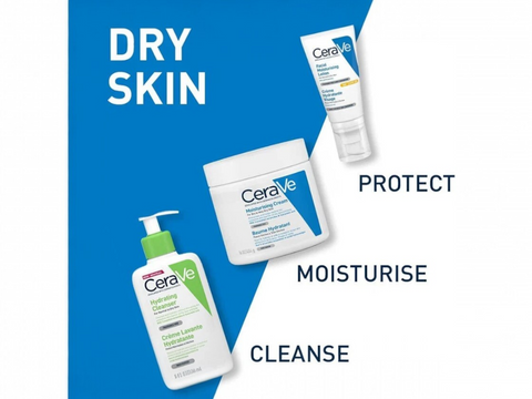 Cerave skincare products with text on a blue background