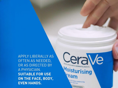 CeraVe moisturizing cream with text on a blue and gray background