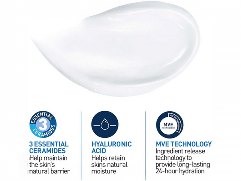 Product with labeled benefits including ceramides, hyaluronic acid, and MVE technology on a white background.